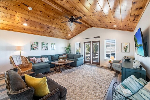 1002 State Highway 361, Port Aransas, TX 78373 - living room featuring wood ceiling, wood finished floors, baseboards, a ceiling fan, and recessed lighting