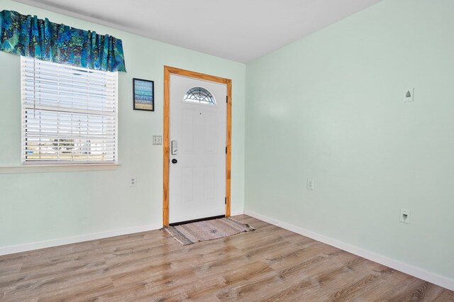 foyer with baseboards and wood finished floors