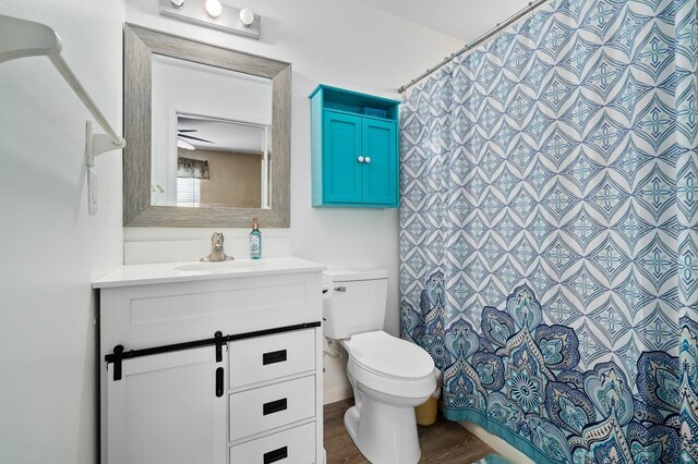 bathroom featuring curtained shower, vanity, toilet, and wood finished floors