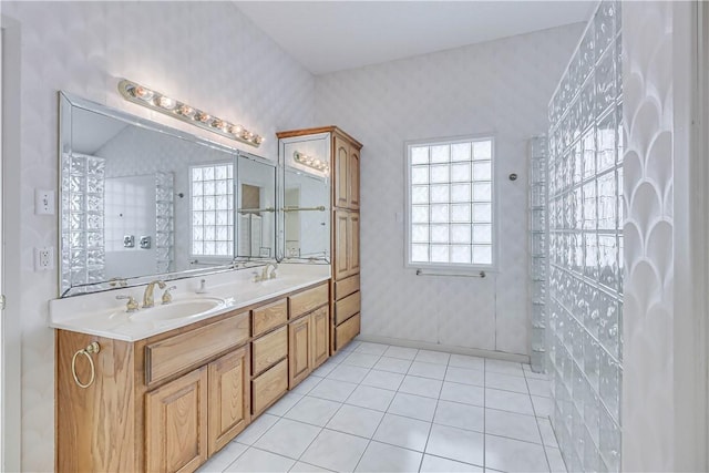 13714 A La Entrada St, Corpus Christi, TX 78418 - full bath featuring wallpapered walls, double vanity, and tile patterned flooring