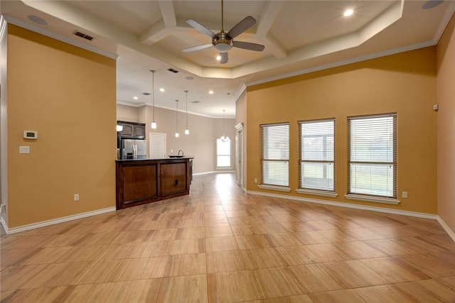 unfurnished living room featuring ceiling fan, baseboards, coffered ceiling, and ornamental molding