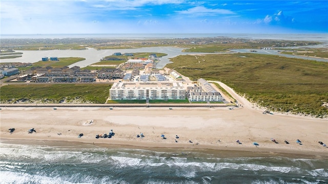 aerial view featuring a beach view and a water view