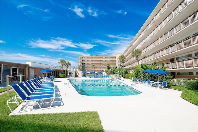 view of swimming pool with a patio