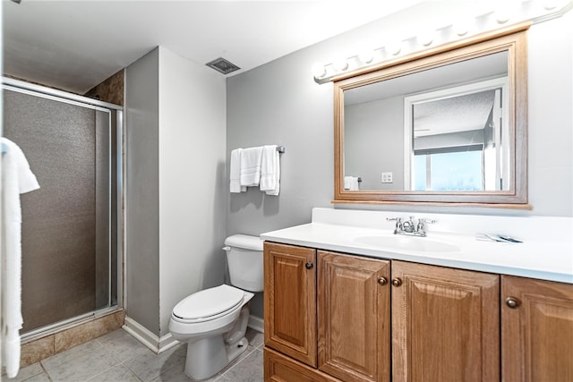 bathroom with tile patterned flooring, vanity, toilet, and a shower with door