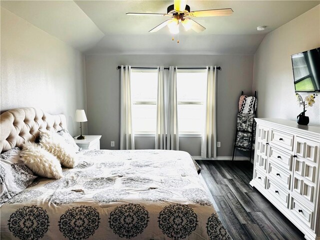 1353 Regents Park Ln, Corpus Christi, TX 78415 - bedroom with lofted ceiling, dark wood-type flooring, ceiling fan, and baseboards