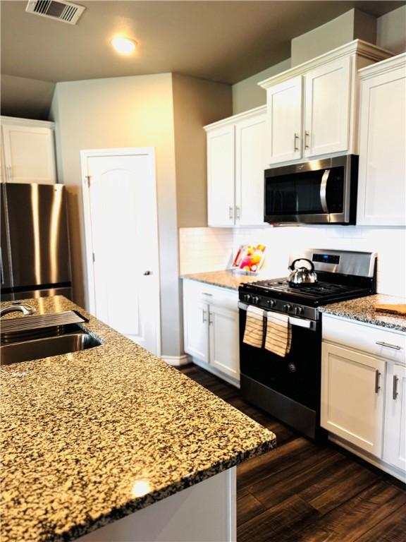1353 Regents Park Ln, Corpus Christi, TX 78415 - kitchen with appliances with stainless steel finishes, a sink, light stone countertops, white cabinets, and dark wood-style floors