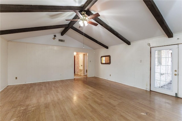 unfurnished living room with vaulted ceiling with beams, ceiling fan, and light wood-type flooring