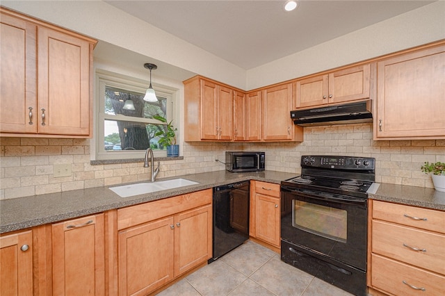 kitchen with hanging light fixtures, black appliances, sink, light tile patterned flooring, and backsplash