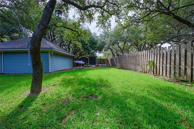 view of yard featuring a storage unit