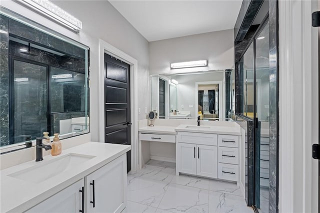 102 Prestwick Dr, Portland, TX 78374 - bathroom featuring two vanities, marble finish floor, a shower, and a sink