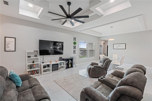 102 Prestwick Dr, Portland, TX 78374 - living room featuring baseboards, visible vents, recessed lighting, a ceiling fan, and marble finish floor