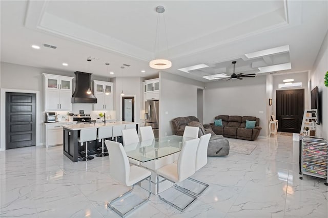102 Prestwick Dr, Portland, TX 78374 - dining space with a ceiling fan, marble finish floor, a tray ceiling, visible vents, and recessed lighting
