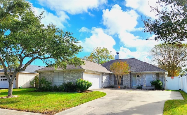 ranch-style house with a front yard and a garage