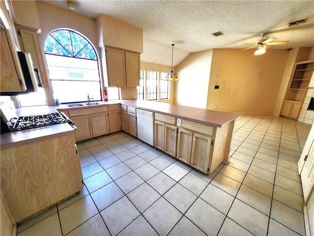 kitchen with dishwasher, kitchen peninsula, decorative light fixtures, light brown cabinetry, and ceiling fan with notable chandelier