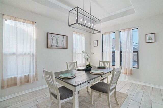 dining room with an inviting chandelier and a raised ceiling