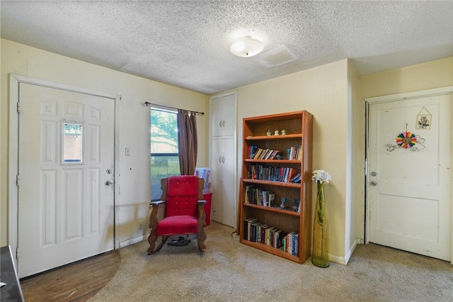 carpeted foyer with a textured ceiling