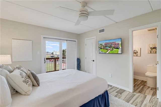 bedroom with light wood finished floors, access to exterior, baseboards, visible vents, and connected bathroom