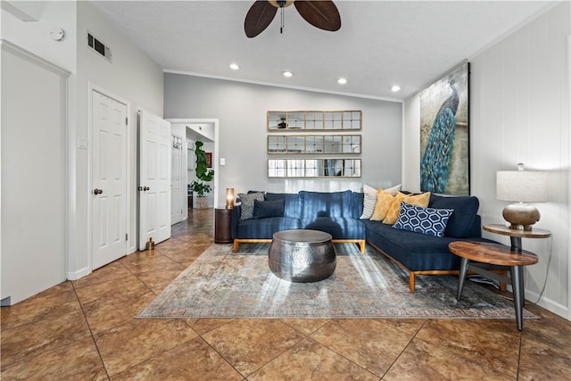 tiled living area with visible vents, recessed lighting, a ceiling fan, and vaulted ceiling