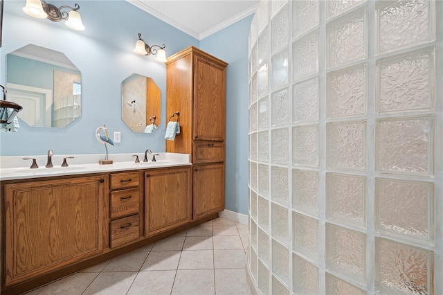 bathroom featuring ornamental molding, vanity, and tile patterned floors