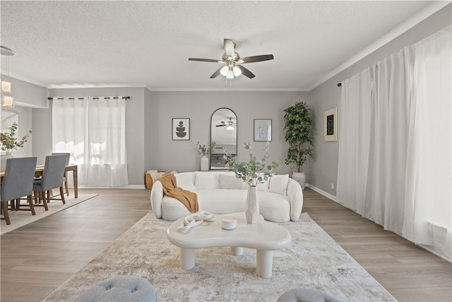 living room featuring ceiling fan, light hardwood / wood-style floors, ornamental molding, and a textured ceiling