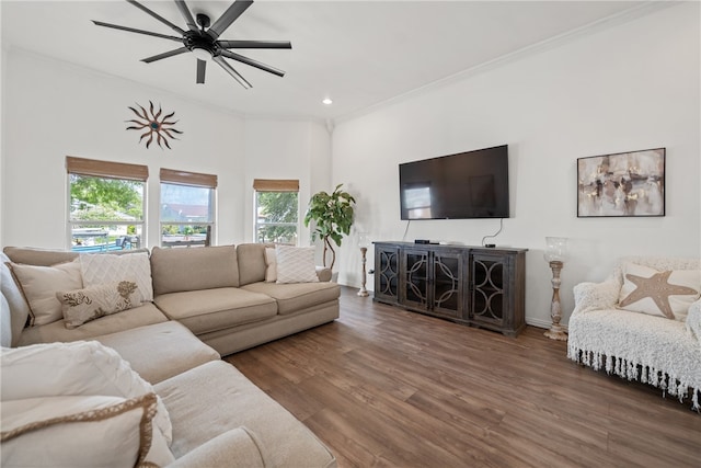 living room with ceiling fan, dark hardwood / wood-style flooring, and ornamental molding