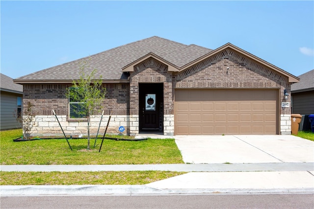 2682 Excelsior Blvd, Corpus Christi, TX 78415 - view of front of property with brick siding, an attached garage, a shingled roof, driveway, and a front yard