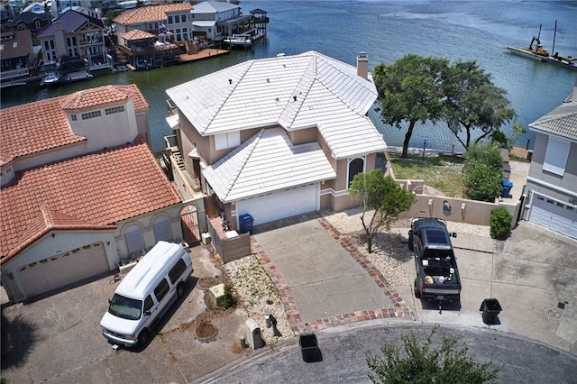 aerial view featuring a water view