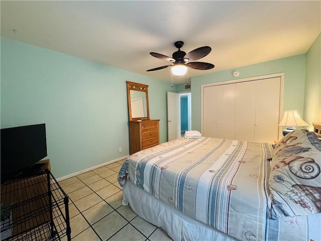 tiled bedroom with a closet and ceiling fan