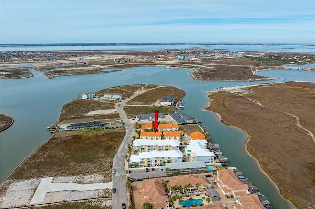 aerial view featuring a water view