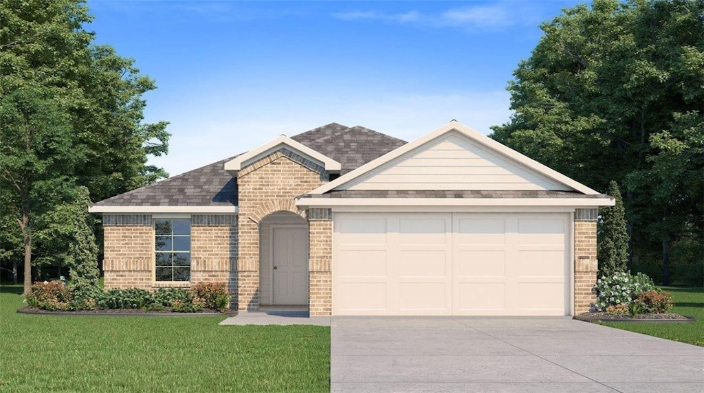 ranch-style home with a front lawn, driveway, brick siding, and an attached garage