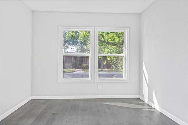 unfurnished room with baseboards, wood finished floors, and a healthy amount of sunlight