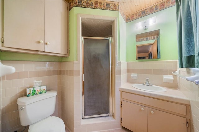 bathroom featuring vanity, wooden ceiling, walk in shower, and tile walls