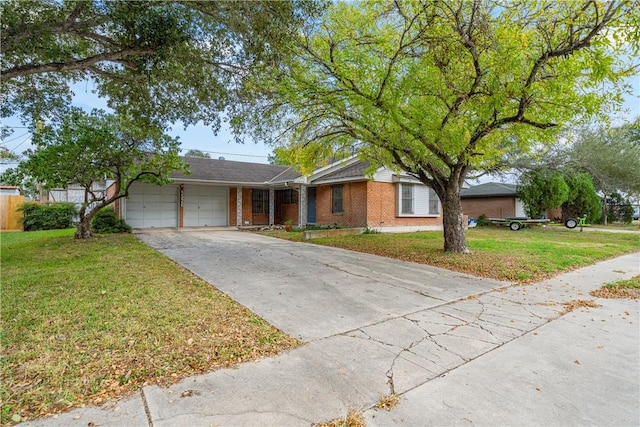 ranch-style house with a garage and a front lawn