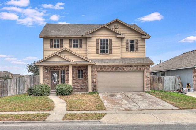 traditional-style house with a garage, brick siding, a shingled roof, fence, and concrete driveway