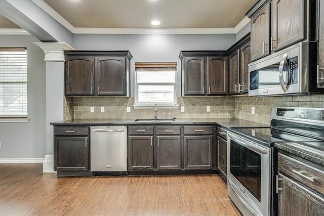 kitchen featuring stainless steel appliances, dark brown cabinets, a sink, and light wood-style floors