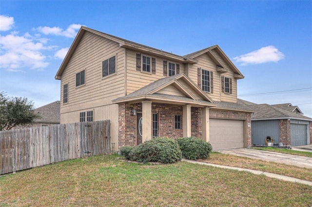 traditional-style home with brick siding, concrete driveway, fence, a garage, and a front lawn