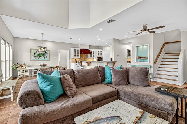 973 Pompano Dr, Aransas Pass, TX 78336 - living area featuring stairs, recessed lighting, and ceiling fan