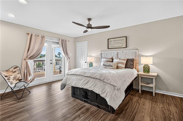 973 Pompano Dr, Aransas Pass, TX 78336 - bedroom with access to exterior, wood finished floors, french doors, recessed lighting, and a ceiling fan