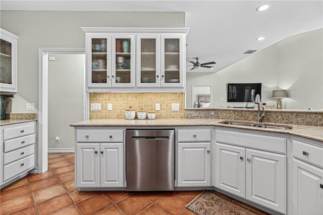 973 Pompano Dr, Aransas Pass, TX 78336 - kitchen with dishwasher, white cabinetry, recessed lighting, and a ceiling fan