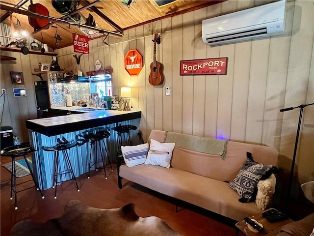 bar with carpet floors, wooden ceiling, an AC wall unit, a bar, and wood walls