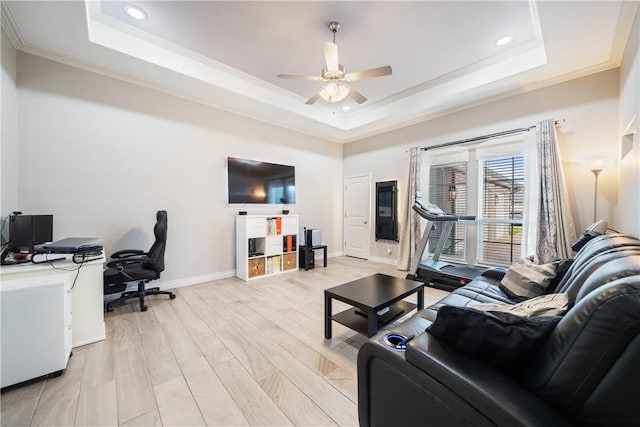 6421 Aikman, Corpus Christi, TX 78414 - living room featuring ornamental molding, a tray ceiling, ceiling fan, an office area, and recessed lighting