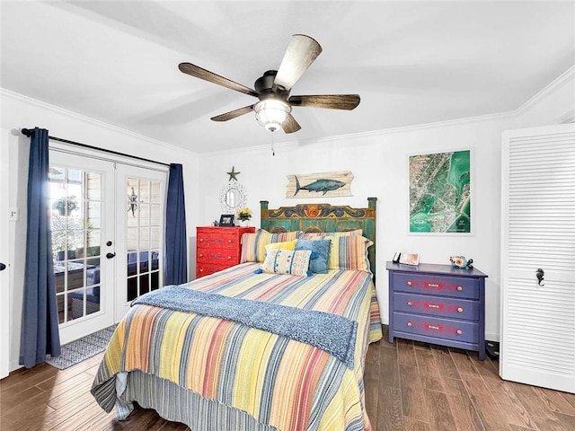 bedroom featuring ornamental molding, french doors, wood finished floors, and access to exterior