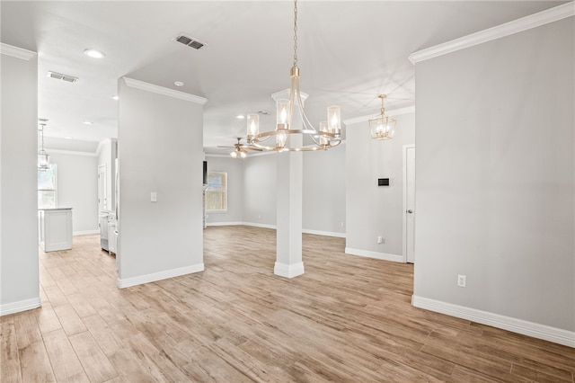 4241 Aaron Cv, Corpus Christi, TX 78413 - unfurnished living room featuring a chandelier, ornamental molding, healthy amount of natural light, recessed lighting, and light wood-style floors