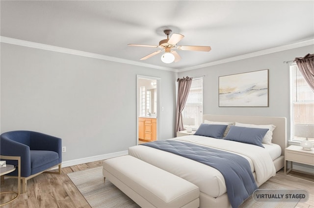 4241 Aaron Cv, Corpus Christi, TX 78413 - bedroom featuring ornamental molding, light wood-style floors, ensuite bath, and a ceiling fan