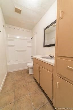 full bathroom featuring toilet, vanity, and bathing tub / shower combination