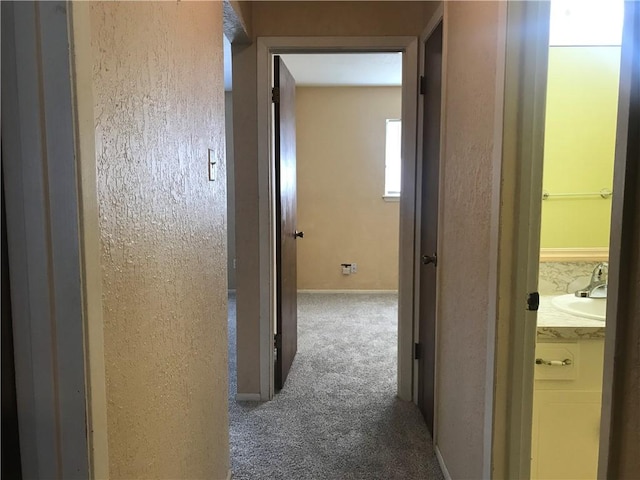 hallway with a sink, a textured wall, carpet flooring, and baseboards