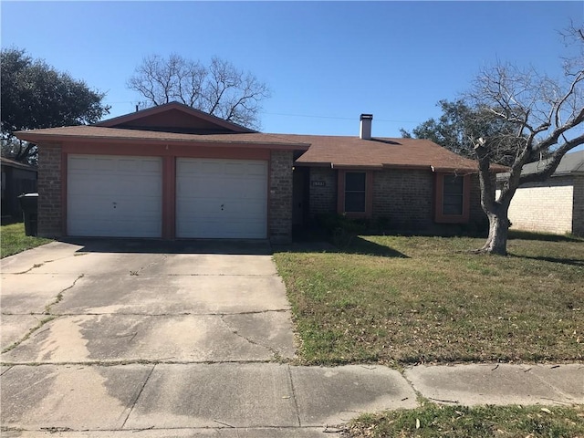 ranch-style home with a garage, a front yard, brick siding, and driveway