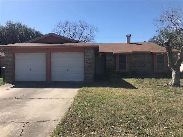 ranch-style home with concrete driveway, brick siding, a front lawn, and an attached garage