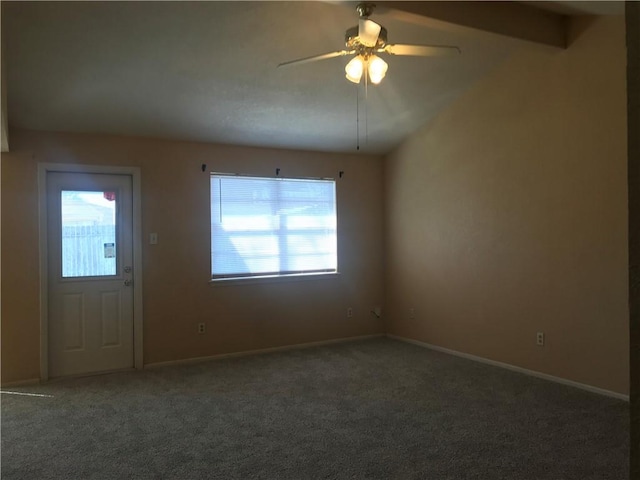 unfurnished room featuring ceiling fan, carpet, and baseboards