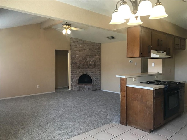 kitchen with vaulted ceiling with beams, electric range, a brick fireplace, light carpet, and under cabinet range hood